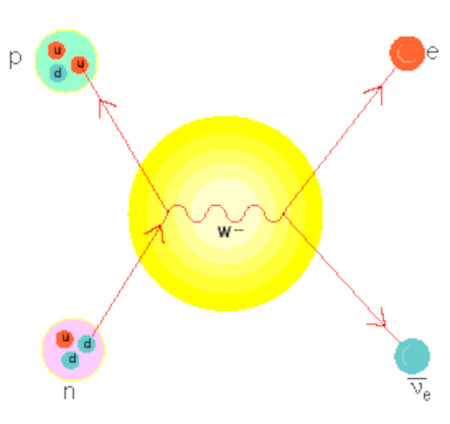 Proton dan elektron saling memusnahkan dengan memancarkan neutron dan neutrino-elektron. (Wikipedia)